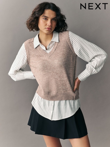 Rayas neutras - V-Neck Knitted Tank Shirt Layer Jumper with Wool (E94404) | 60 €