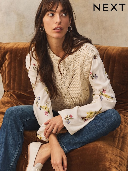 White Ecru Floral Pattern Layered Knitted Cable Tank (E94405) | AED193