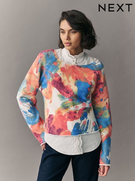 Orange Bright Abstract Supersoft Layer Jumper With Gem Button Shirt (E94406) | AED109