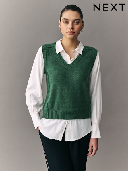 Green V-Neck Knitted Tank Shirt Layer Jumper with Wool (E94409) | 1,590 UAH