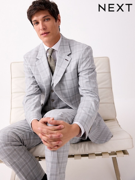 Light Grey Tailored Fit Check Suit Jacket (E94485) | $180