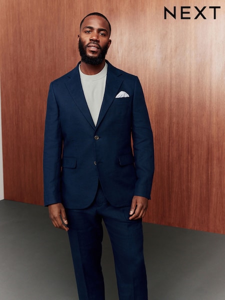 Blue Slim Fit Linen Suit Jacket (E94496) | €136
