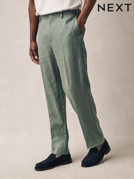 Green Slim Fit 100% Linen Suit Trousers (E94507) | R$ 660