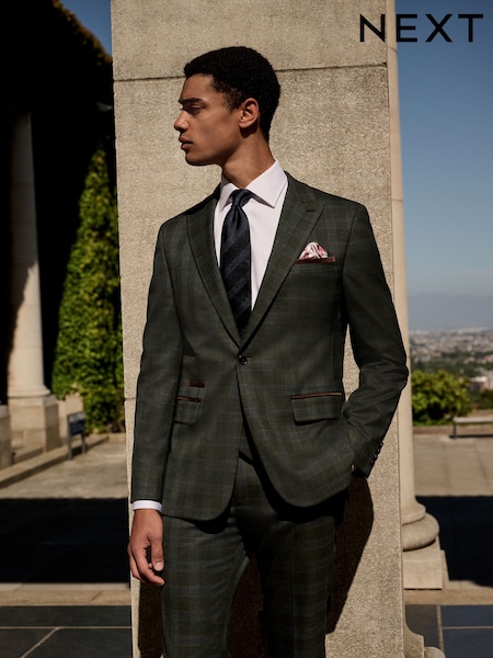 Green Slim Fit Trimmed Check Suit Jacket (E94514) | €112