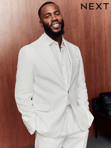 White Slim Fit Linen Blend Suit Jacket (E94542) | €112