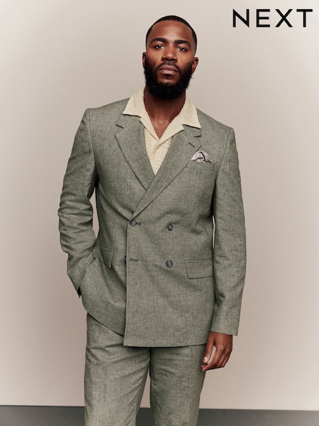 Green Tailored Fit Textured Linen Double Breasted Suit Jacket (E94568) | €112