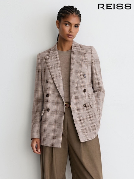 Siva Karirana šara - Reiss Bella Wool-blend Woven-check Double-breasted Blazer
