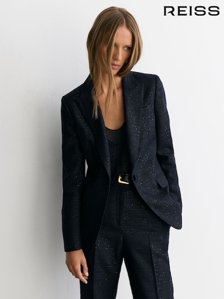 Темно-синий - Reiss Anneleise Sequin-detail Single-breasted Woven Blazer