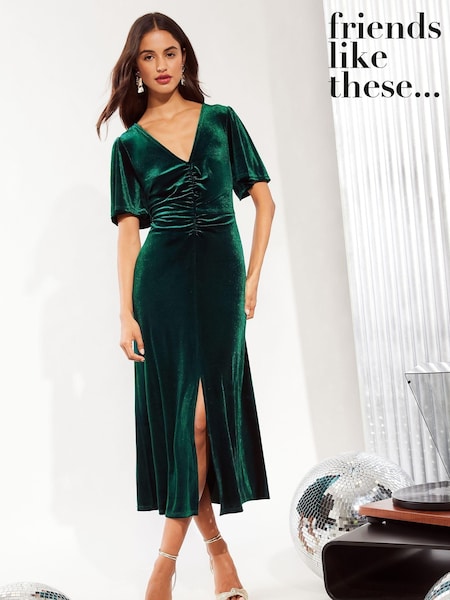 Friends Like These Green Petite Velvet Ruched Front Flutter Sleeve Midi Dress (E95062) | 156 QAR