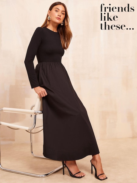 Friends Like These Black Long Sleeve 2in1 Midi Dress (E95067) | 135 QAR