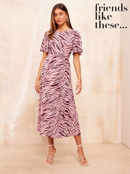 Friends Like These Purple Animal ITY Flutter Short Sleeve Midi Dress (E95069) | 99 QAR