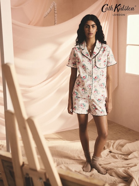 Cath Kidston Ecru Icon Bunches 100% Cotton Short Button Up Pyjamas (E95148) | CA$120