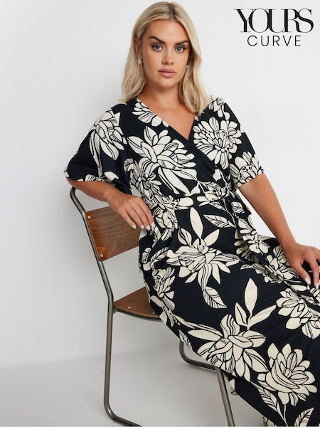 Yours Curve Black Wrap Angel Sleeve Texture Dress (E95250) | $65