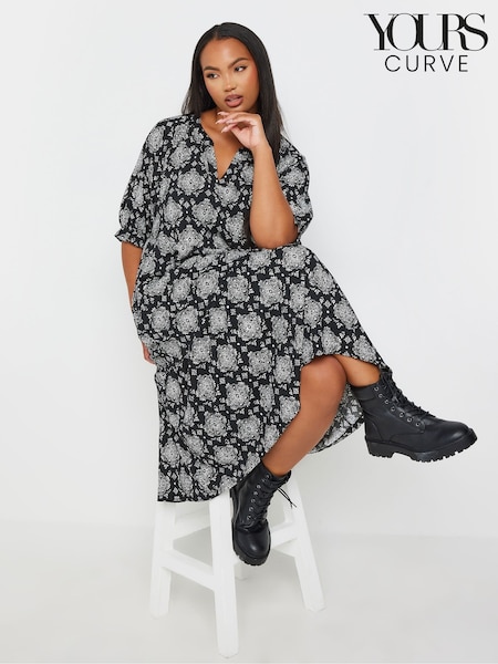 Yours Curve Black Stamp Tile Notch Neck Tierred Dress (E95251) | €53
