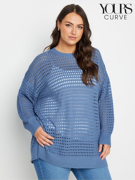 Yours Curve Blue Side Split Crochet Jumper (E95280) | $51