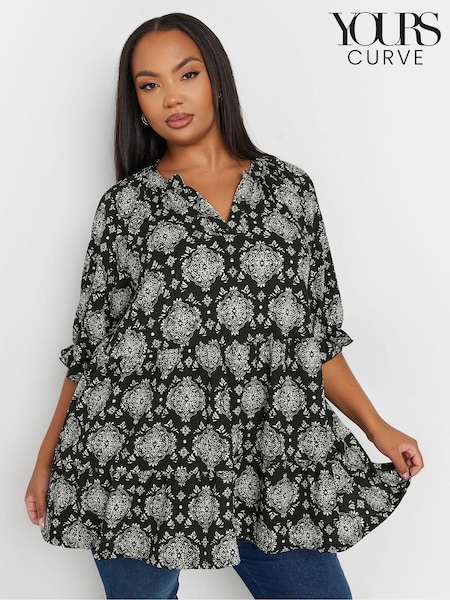 Yours Curve Black Stamp Tile Print Notch Neck Tierred Top (E95291) | €39