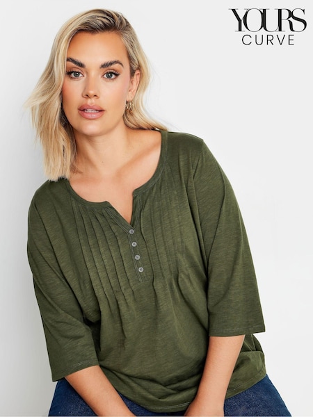 Yours Curve Green Pintuck Henley 100% Cotton Top (E95293) | €31