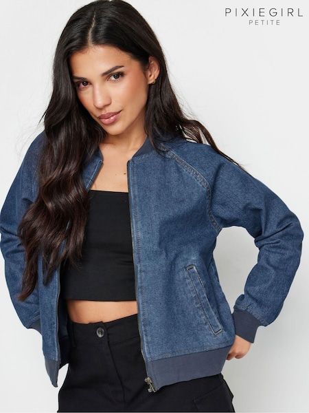 PixieGirl Petite Blue 100% Cotton Denim Bomber Jacket (E95317) | ₪251