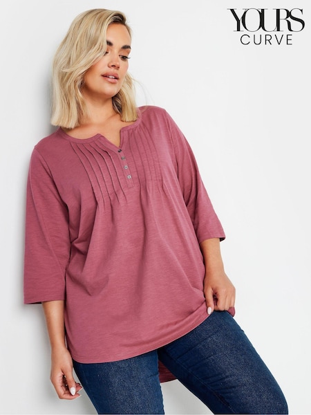 Yours Curve Pink Pintuck Button Henley 100% Cotton T-Shirt (E95320) | AED128