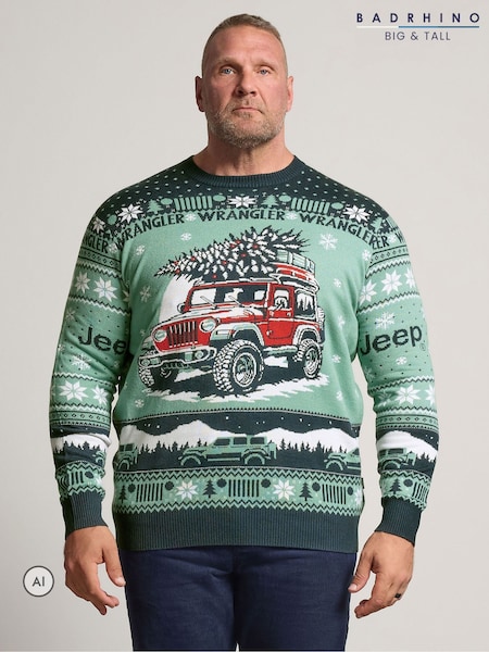 Green - Regular Badrhino Big & Tall Jeep Knitted Christmas Jumper
