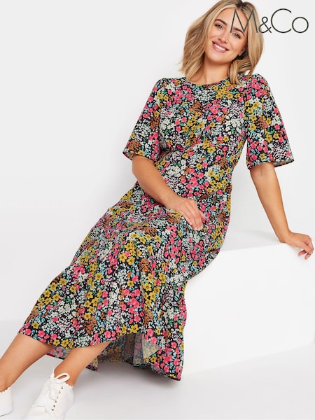 M&Co Black & Yellow Ditsy Floral Print Short Sleeve Midi Dress (E95469) | €33