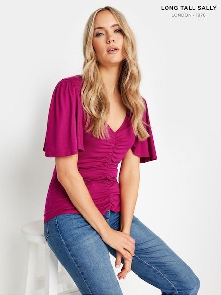 Long Tall Sally Burgundy Red Angel Sleeve Ruched Front Top (E95470) | AED151