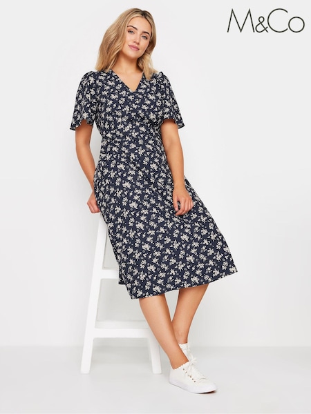 M&Co Navy Blue Ditsy Floral Print V-Neck Midi Dress (E95475) | €55