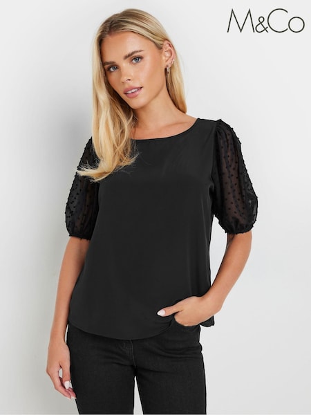 M&Co Black Petite Dobby Short Sleeve Blouse (E95484) | 1,742 UAH
