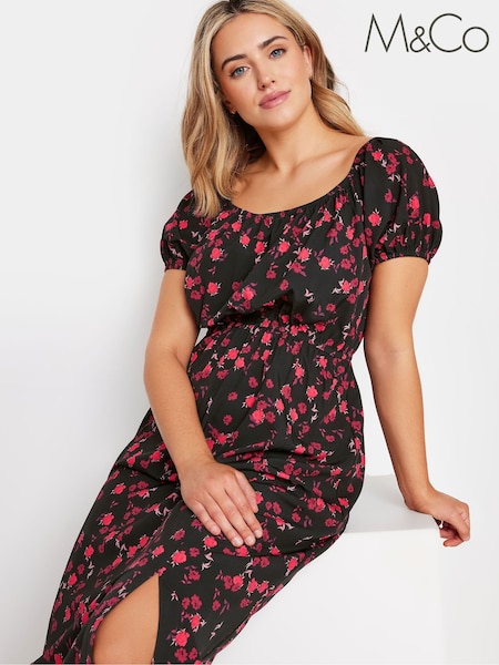 M&Co Black Rose Print Bardot Split Hem Midi Dress (E95487) | €24