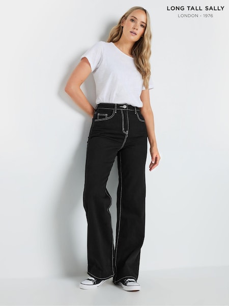 Long Tall Sally Black Contrast Stitch Wide Leg 100% Cotton Jeans (E95495) | €62