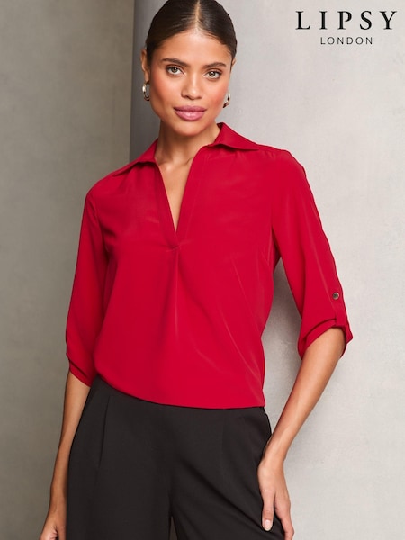 Lipsy Red V Neck 3/4 Sleeve Collared Blouse (E95533) | 1,131 UAH