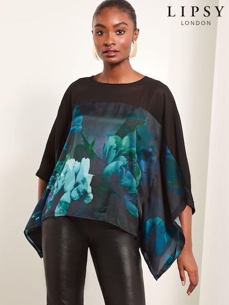 Lipsy Blue Chiffon Yoke Floral Cape Top (E95544) | 141 QAR