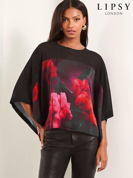 Lipsy Red Chiffon Yoke Floral Cape Top (E95549) | 101 QAR
