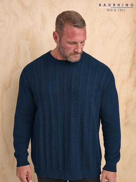 BadRhino Big & Tall Blue 100% Cotton Cable Crew Neck Jumper (E95826) | ₪171