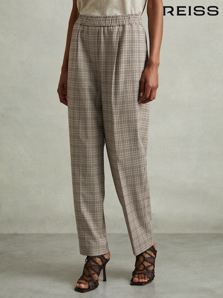 Reiss Neutral Karina Check Elasticated Waist Tapered Trousers (E95829) | €57