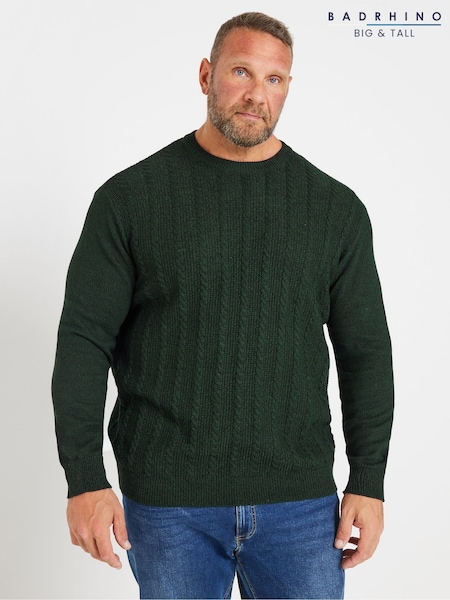 BadRhino Big & Tall Green Cable Crew Neck 100% Cotton Jumper (E95831) | ₪171