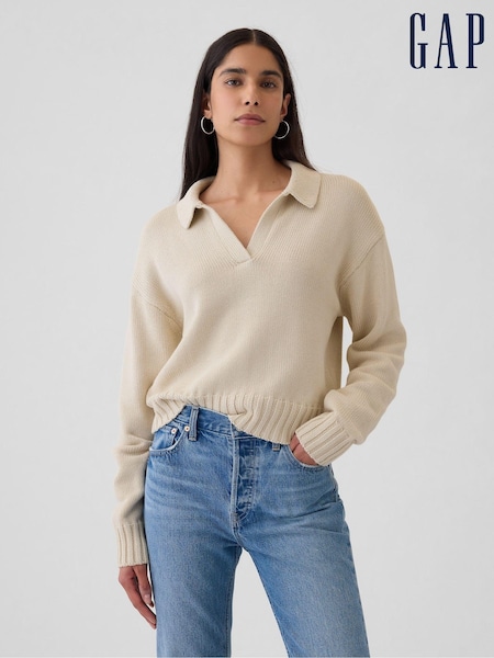 Beige - Gap Soft Cotton Shrunken V-Neck Polo Jumper (E95851) | €55