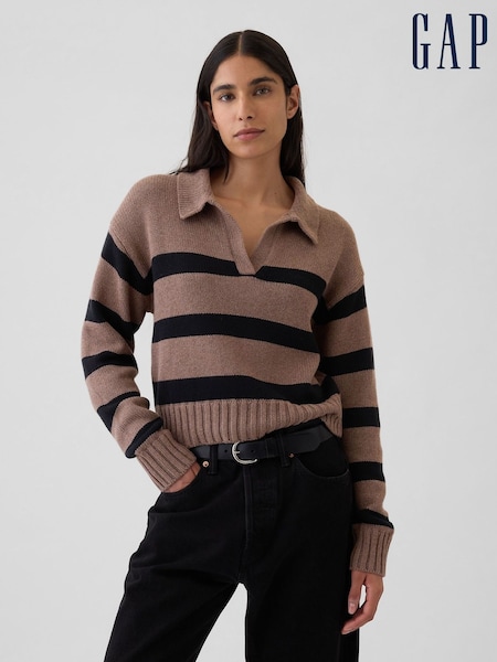 Gap Brown Stripe Soft Cotton Shrunken V-Neck Polo Jumper (E95852) | €23