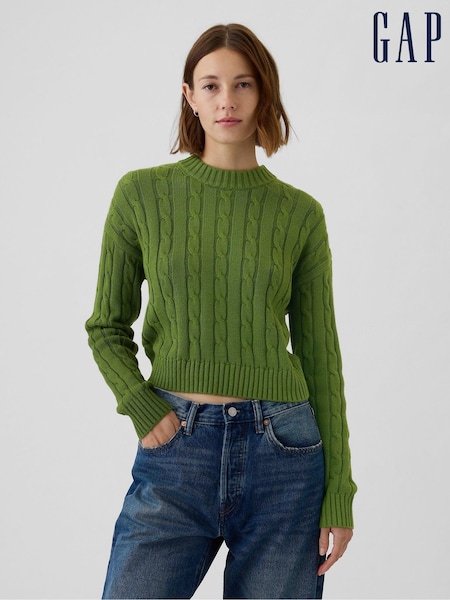 Gap Green 100% Cotton Cable Knit Crew Neck Cropped Jumper (E95853) | €27