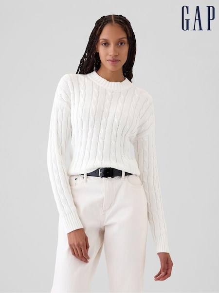 Gap White 100% Cotton Cable Knit Crew Neck Cropped Jumper (E95854) | €27