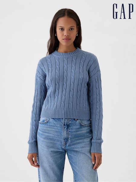 Gap Blue 100% Cotton Cable Knit Crew Neck Cropped Jumper (E95856) | €27