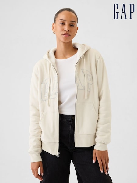 Gap Beige Relaxed Logo Sherpa-Lined Zip Hoodie (E95874) | €31
