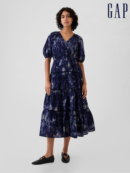 Gap Blue Floral Tiered Midi Dress (E95915) | €52