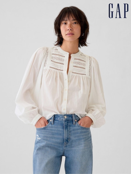 Gap White Lace-Trim Long Sleeve Blouse (E95918) | €69