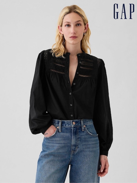 Черный - Gap Lace-Trim Long Sleeve Blouse (E95919) | €59