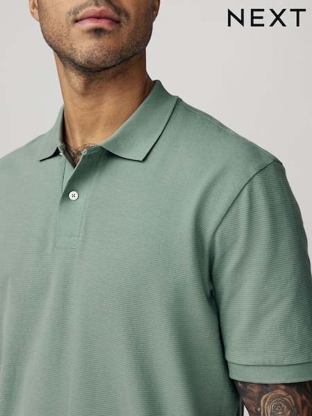 Sage Green Textured Waffle Button Through 100% Cotton Polo Shirt (E96150) | €23