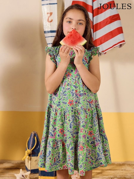 Joules Butterly Green Print Frill Sleeve Dress (E96232) | R$ 190 - R$ 225