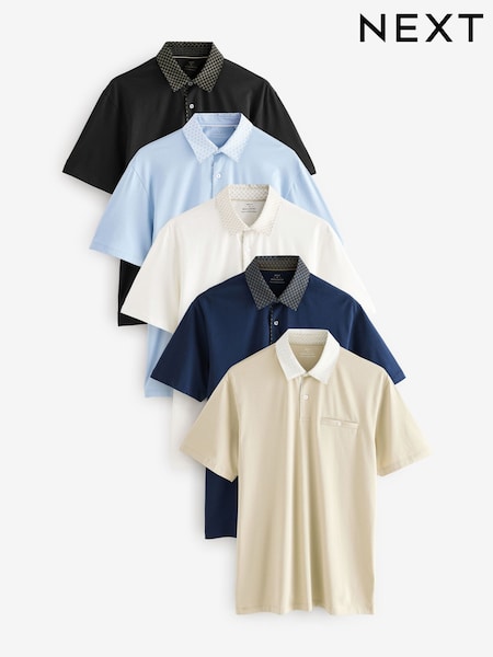 5 Geo Woven Collar Regular Fit Short Sleeve Jersey Polo Shirts 5 Pack (E96285) | €96