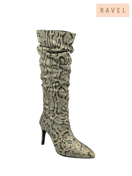 Ravel Snake Print Leather Stiletto-Heel Knee-High Boots (E96361) | €172