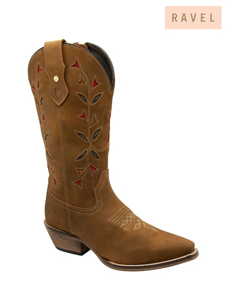 Ravel Brown Suede Leather Mid Calf Zip-Up Western Cowboy Boots (E96399) | AED786